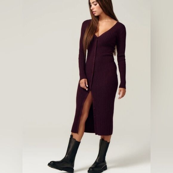 LITA BY CIARA NWT ICON RIB V-NECK CARDIGAN DRESS MERINO CHOCOLATE TRUFFLE MEDIUM - Picture 1 of 7